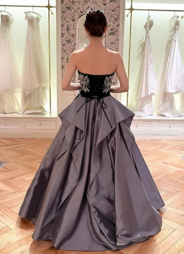 パーティードレス シルバーグ 3D立体レース刺繍 ラッフルフリル