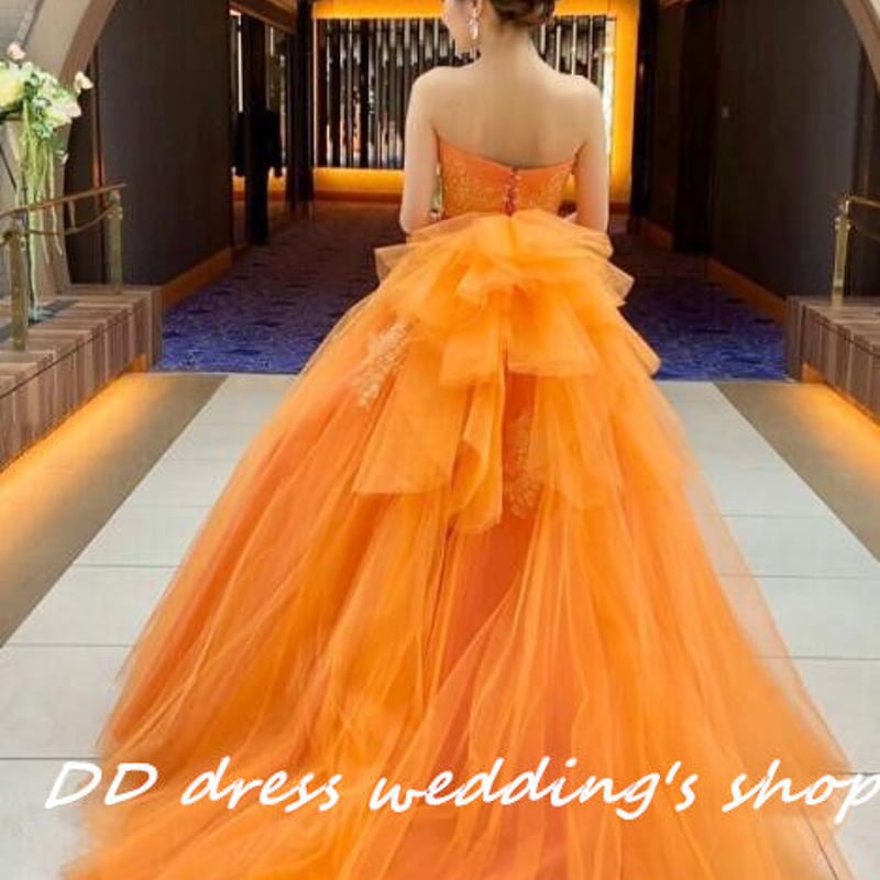 高品質！オレンジ カラードレス ベアトップ ソフトチュール 2次会