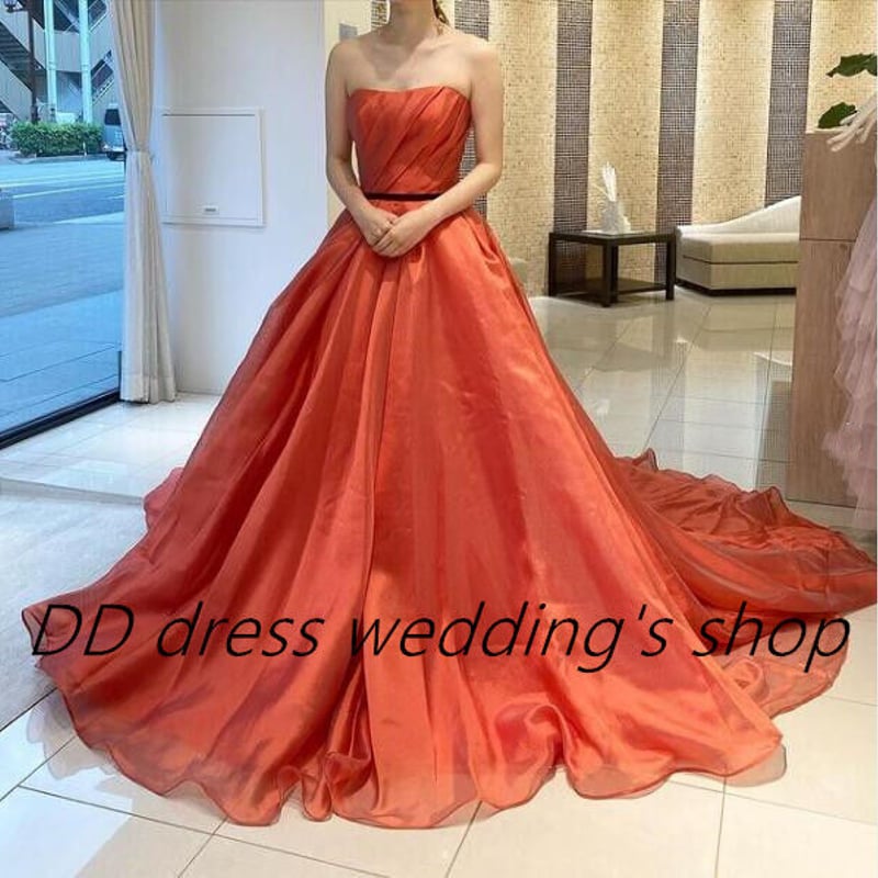 高品質！パーティードレス テラコッタ色 ベアトップ 上質オーガンジー  