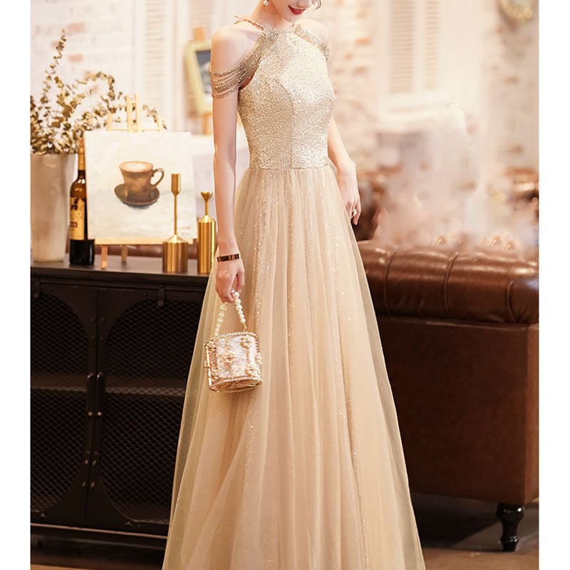 大人気上昇 パーティードレス シャンパン色 オフショルダー キラキラ  