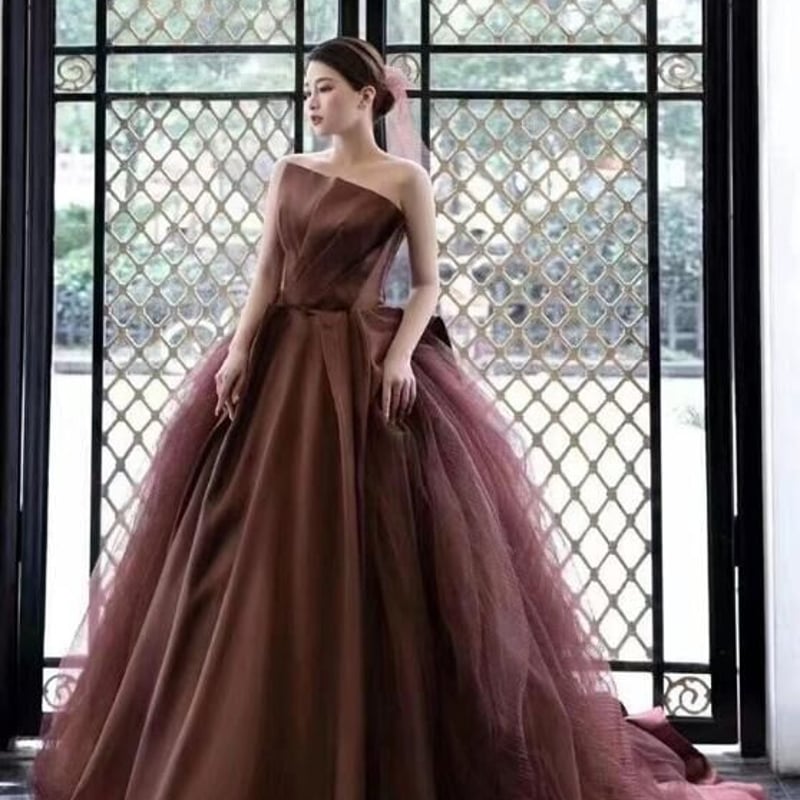 高品質！ベアトップ プリンセスライン カラードレス 可愛い コーヒーの  