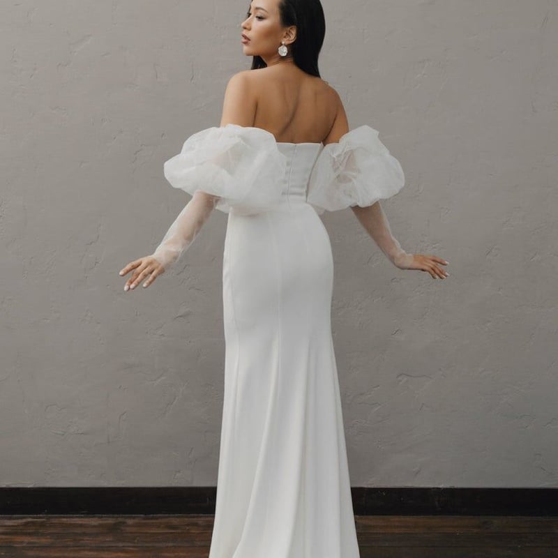 マーメイドライン ドレス ホワイト ベアトップ 胸元フリル トレーン 2  