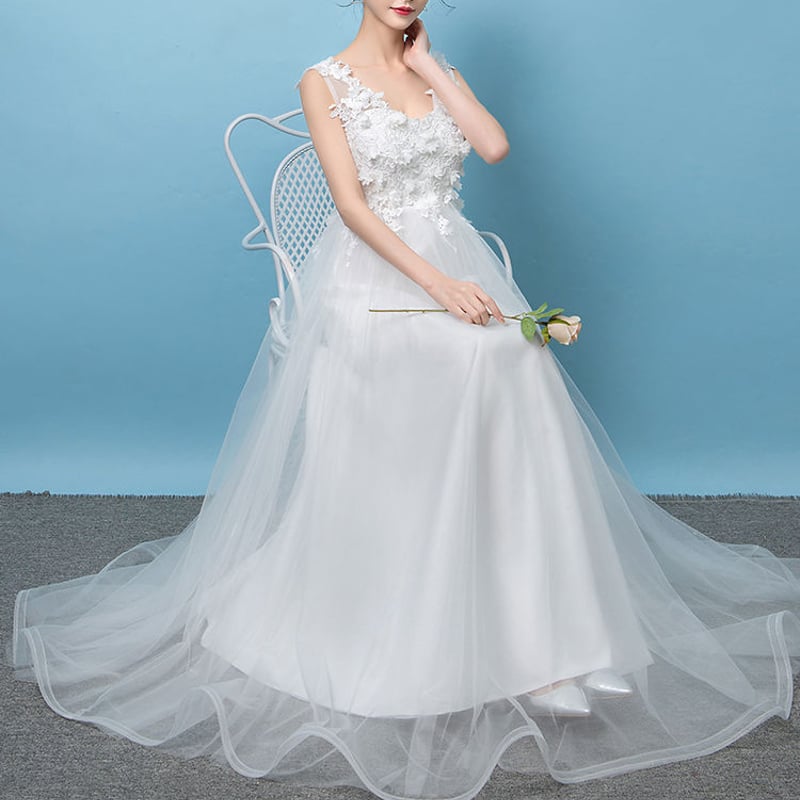 ウエディングドレス ホワイト ソフトチュール Vネック V タンクトップ