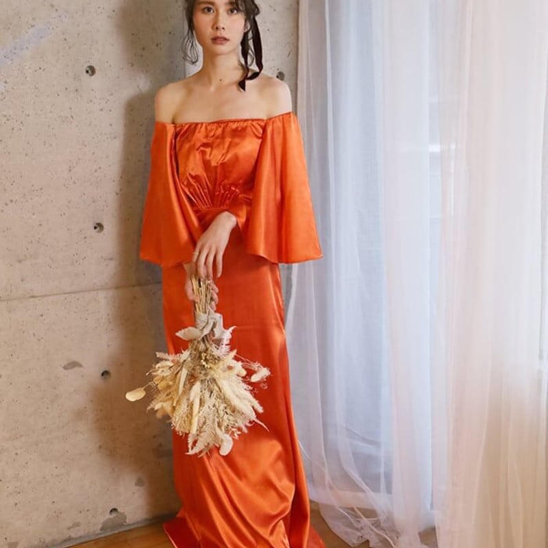 カラードレス 抜群のおしゃれ見え オレンジ オフショルダー ミニ  