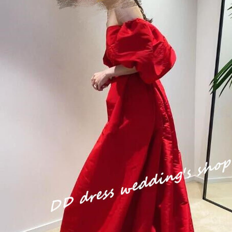 高品質！ベアトップ 姫袖 パーティードレス 赤 光沢サテン ロング  
