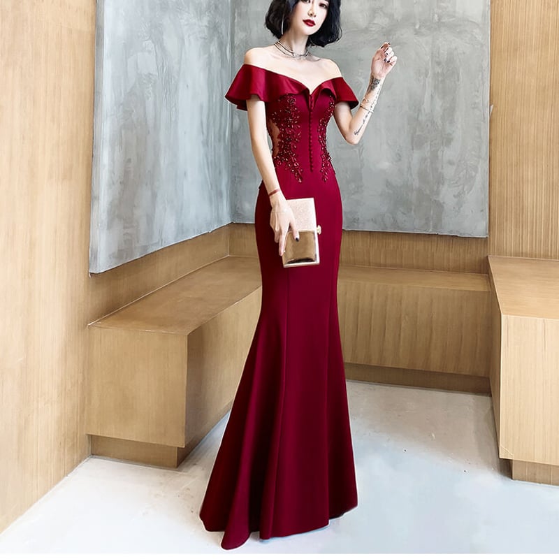 美品！パーティードレス ワインレッド マーメイドライン オフショル