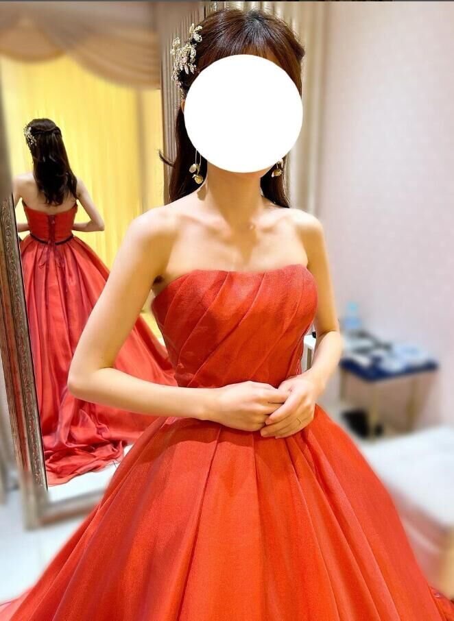 カラードレス オレンジ ベアトップ キラキラのレース 披露宴/前撮り  