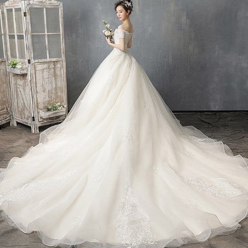 ウエディングドレス ホワイト 繊細レース オフショル ロング