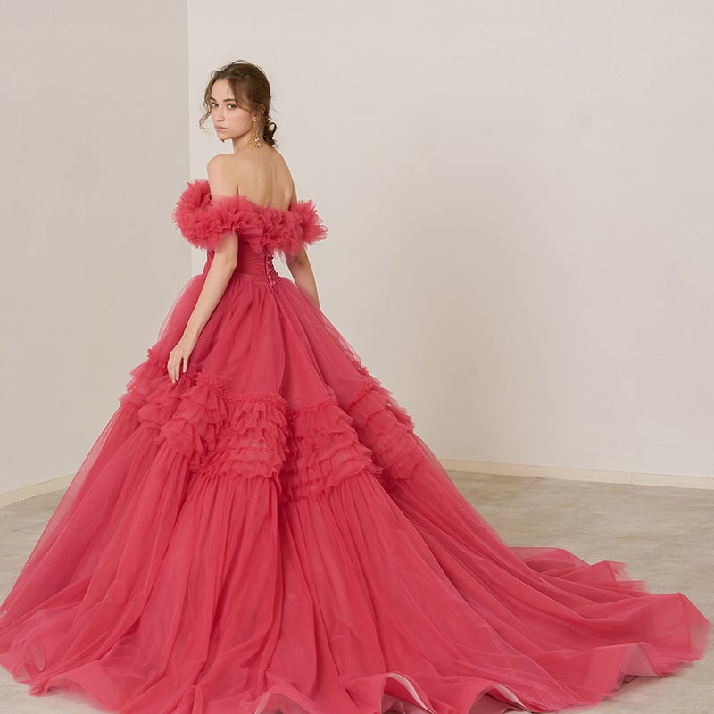 カラードレス 取り外しオフショルダー ビビッドピンク