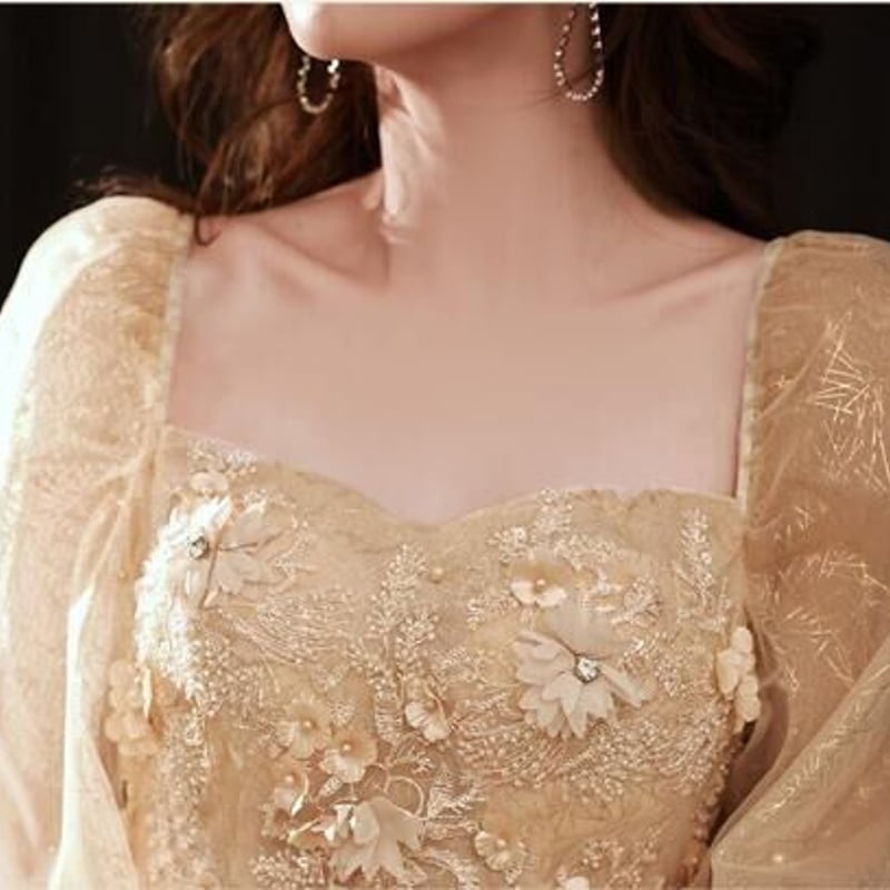 上品！パーティードレス シャンパン色 ラウンドネック 上質  