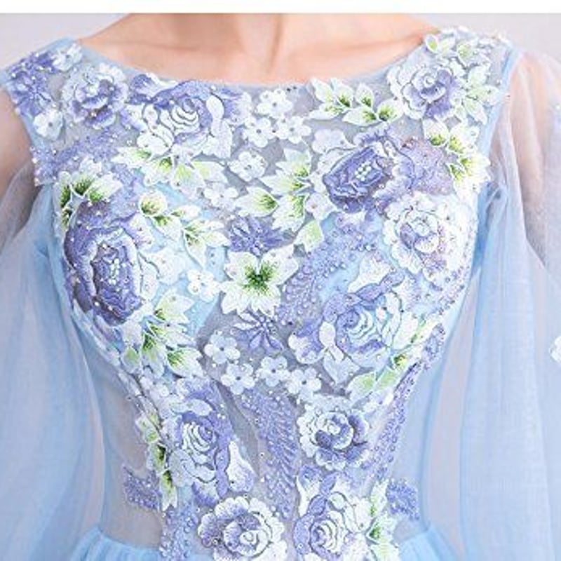 花柄 ブルー 刺繍 ロング丈 豪華 袖あり 演出服 結婚式ドレス 花柄 ブルー 刺繍 ロング丈 豪華 袖あり 演出服 結婚式ドレス