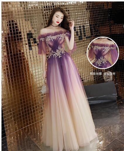 カラードレス パープル/紫 ソフトチュール オフショル 美品！ イブニングドレス