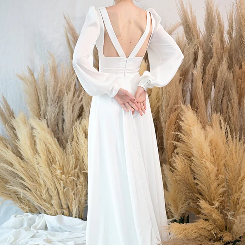 高品質！ ウエディングドレス パーティードレス 長袖 短トレーン V  