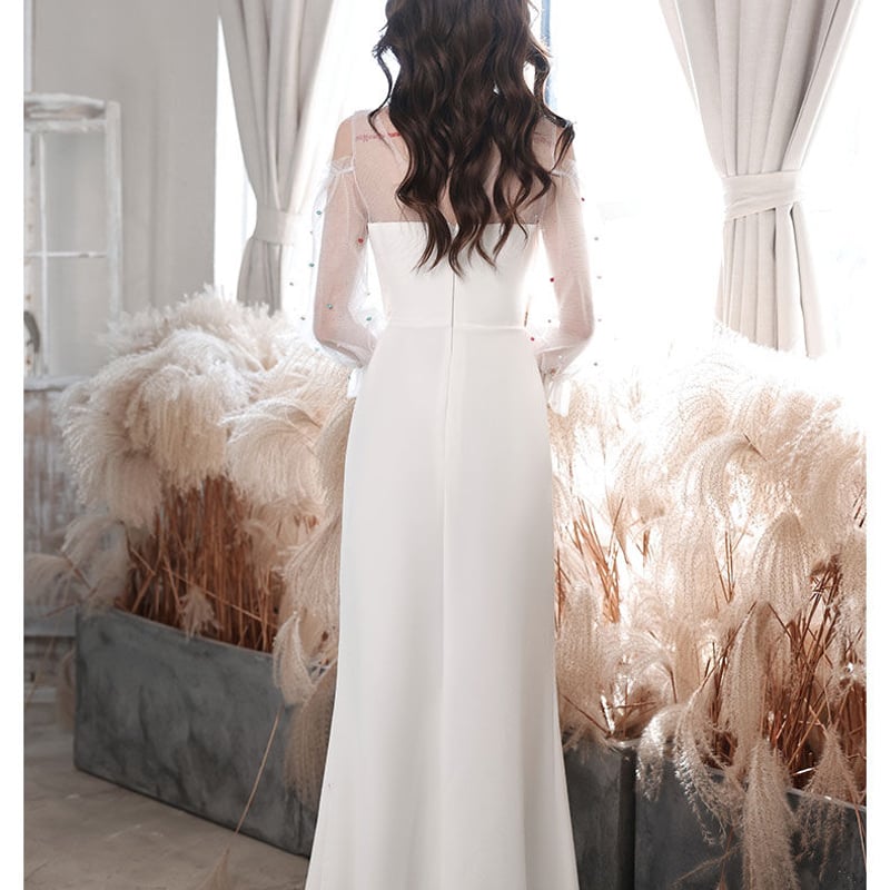 美品！パーティードレス ホワイト ボートネック シースルー袖 ロング  