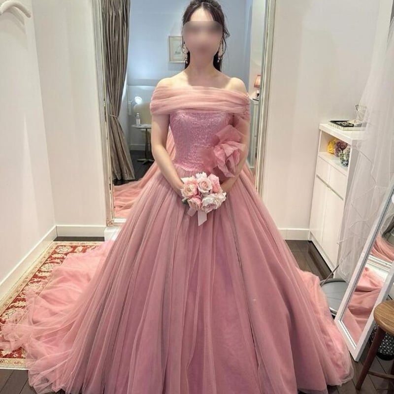 カラードレス ピンク オフショル 繊細レース 可愛い 花嫁 チュール  