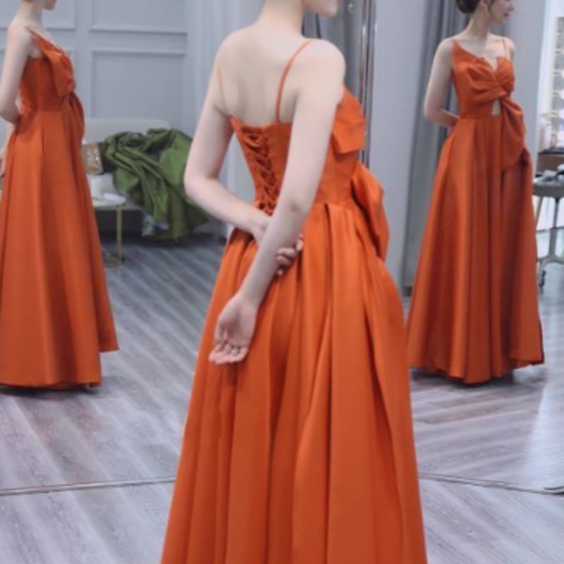 美品！ カラードレス パーティードレス バックレス オレンジ リボン 2  