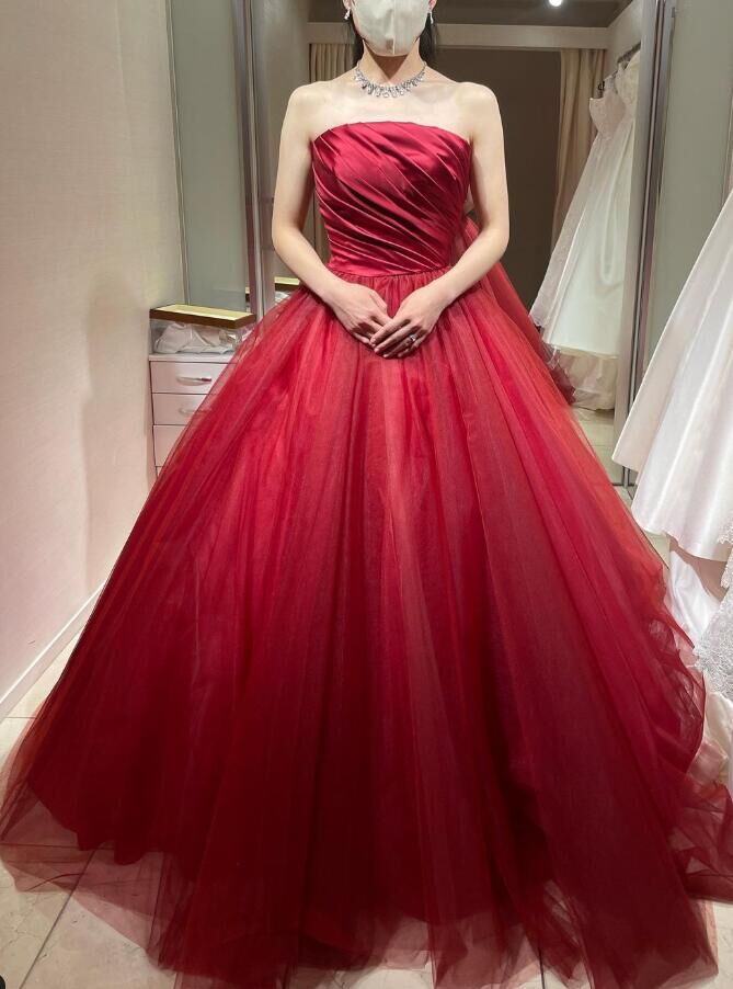 カラードレス ワインレッド チュールスカート ベアトップ クラシカル  