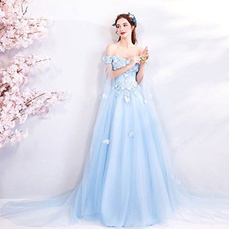 薄青 ラウンドネックオフショルダー ウェディングドレス 大きいサイズ  