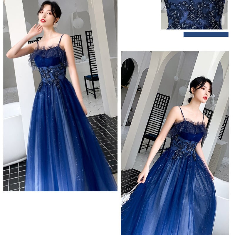 上品！パーティードレス 青 キャミソール 上質オーガンジー 2次会 謝恩  