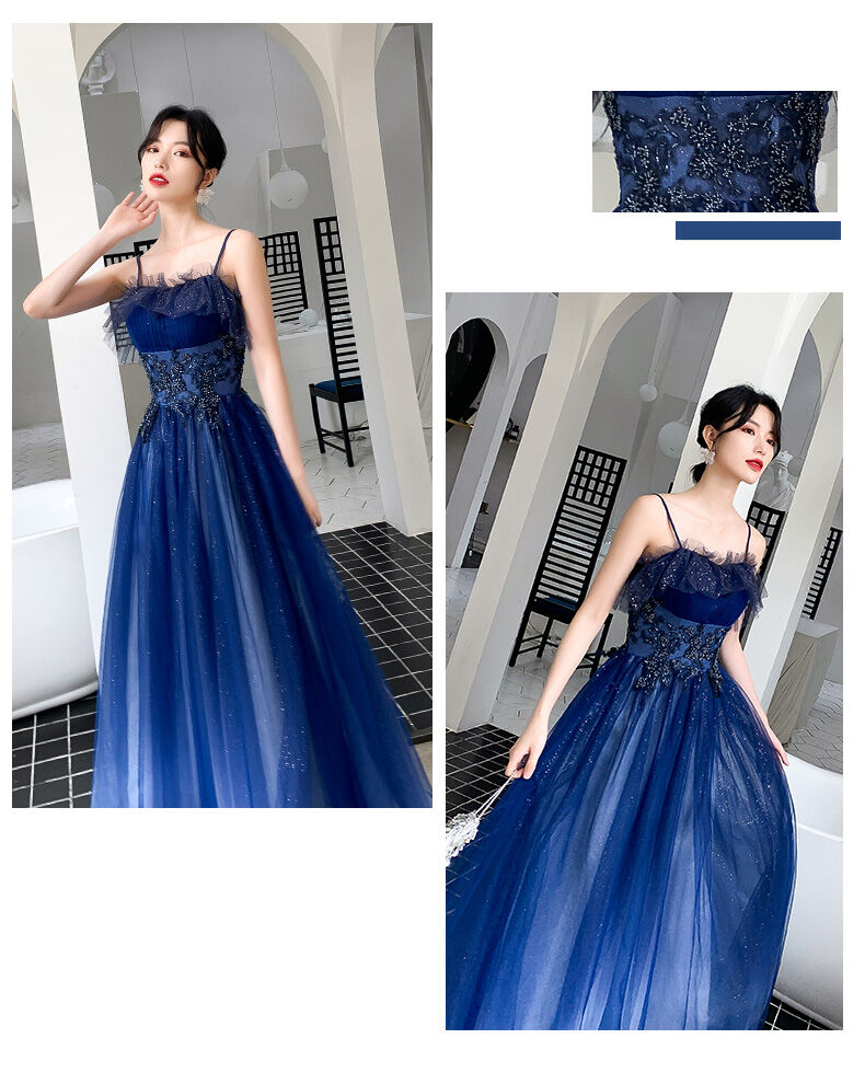 上品！パーティードレス 青 キャミソール 上質オーガンジー 2次会 謝恩  