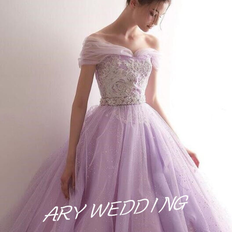 大人気上昇 カラードレス 紫 取り外し可能オフショル プリンセスライン  