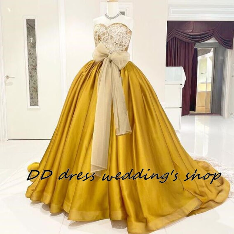 高品質！ベアトップ パーティードレス 前撮り ゴールド 3D立体レース  