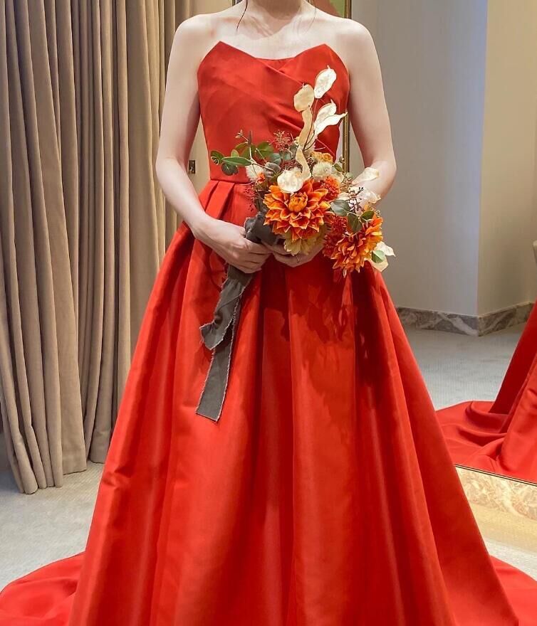 オレンジ パーティードレス Aライン 派手な 目立つ 前撮り | David102 