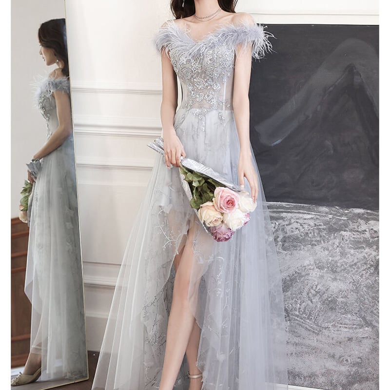 上品！ パーティードレス グレー オフショル スリット セクシー 二次会