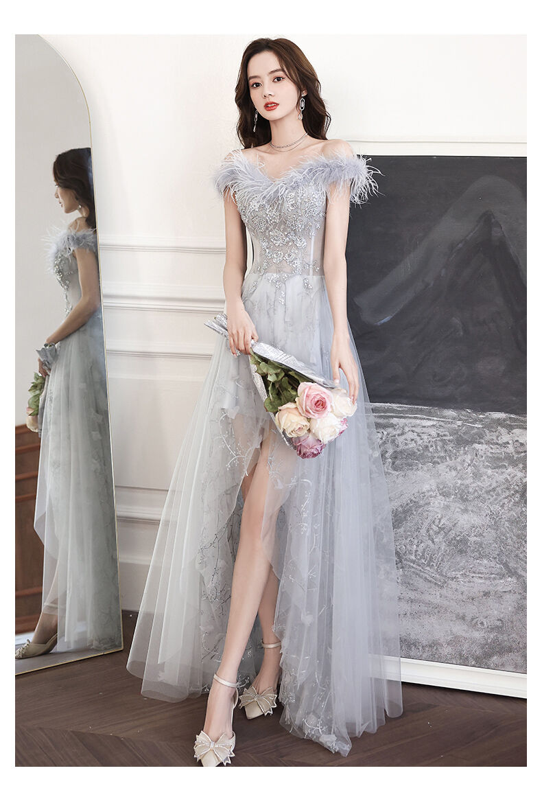 上品！ パーティードレス グレー オフショル スリット セクシー 二次会  