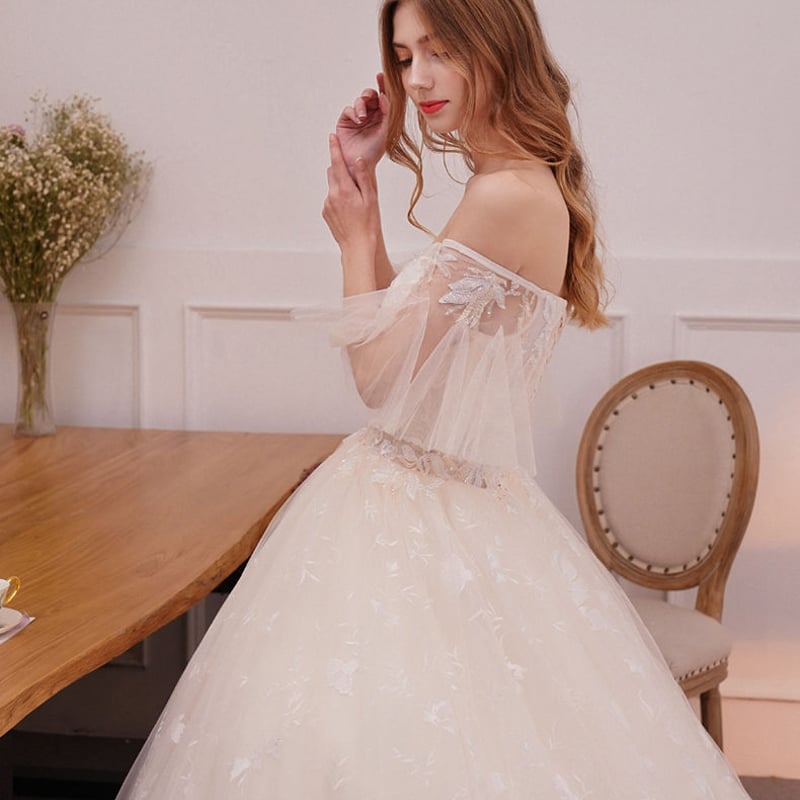 カラードレス 薄シャンパンの色 ソフトチュール オフショル Aライン  