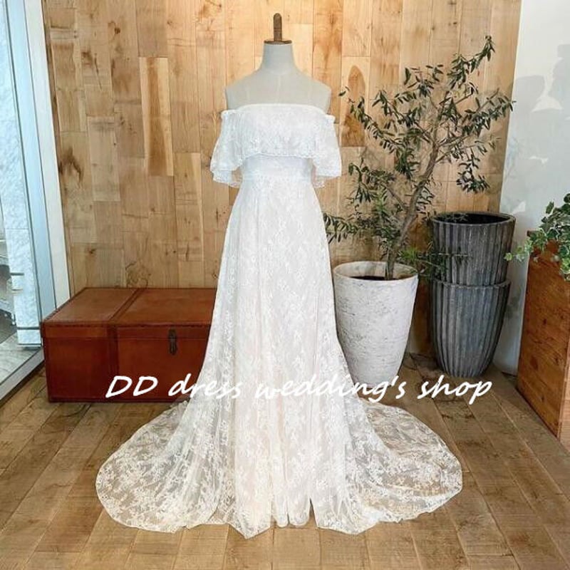 フランス風 オフショル レース ウエディングドレス 前撮り 短トレーン  