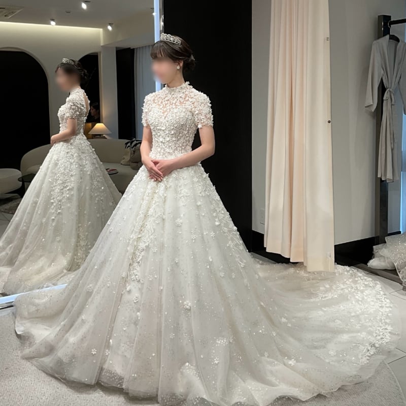 ウエディングドレス オフホワイト 韓国風ドレス 短袖 ラウンドネック