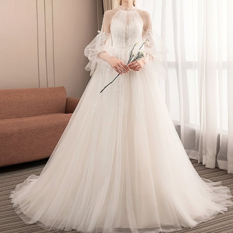 豪華！ ウエディングドレス 上質オーガンジー Aライン ミニトレーン  