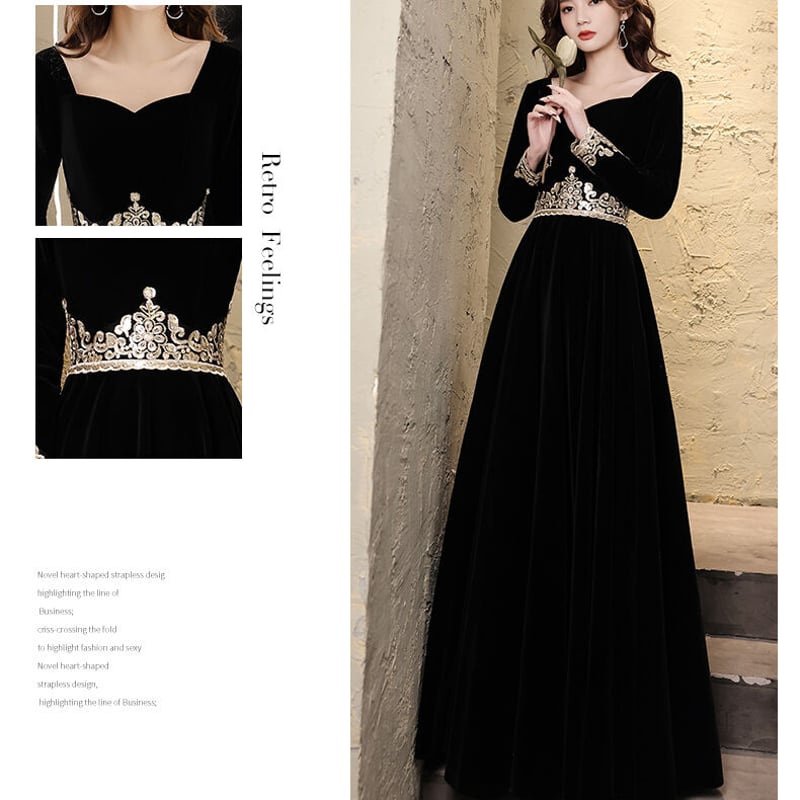 上品！ パーティードレス 黒 長袖 スレンダーライン 二次会 音楽会