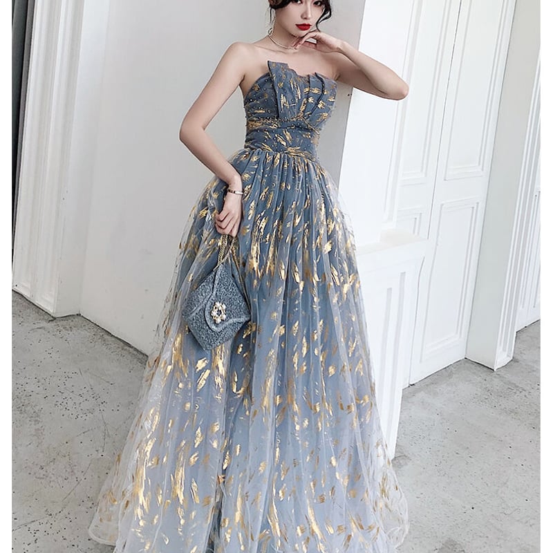 淡い黄色と青のグラデーションドレスオーガンジーシフォンフランス宮廷プリンセス 大好評中！パーティードレス 青 ベアトップ 上質オーガンジー