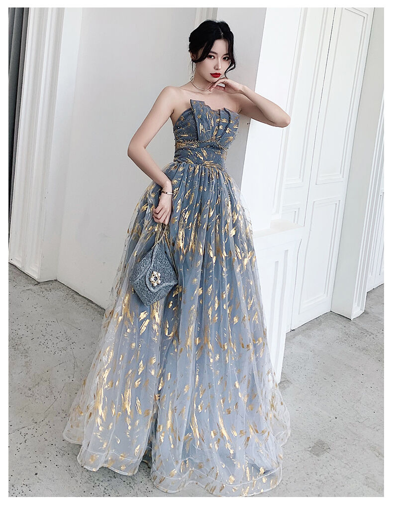 淡い黄色と青のグラデーションドレスオーガンジーシフォンフランス宮廷  