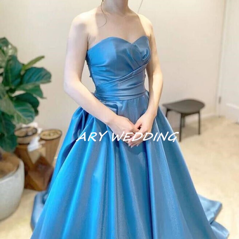 高品質！パーティードレス ベアトップ ブルーグレー 光沢サテン  