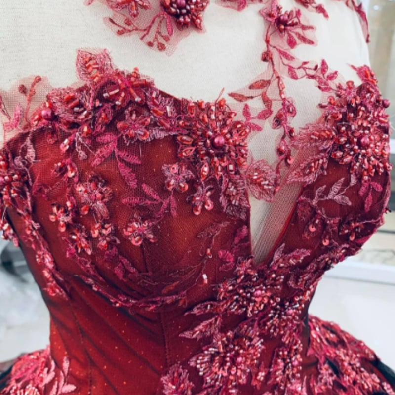 豪華! カラードレス 赤 ソフトチュール 3D立体レース刺繍 豪華! カラードレス 赤 ソフトチュール 3D立体レース刺繍