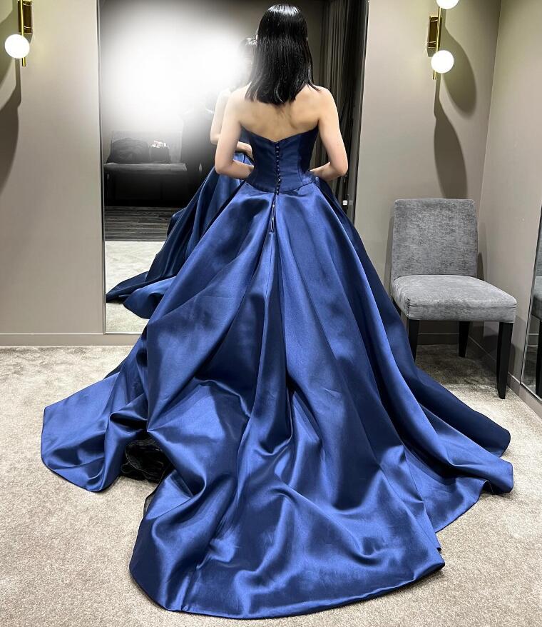 豪華！ 光沢サテン ブルー くるみボタン クラシカル アンティークな