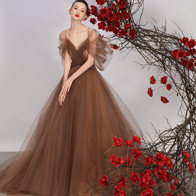 カラードレス ウエディングドレス オフショルダー コーヒーの色  