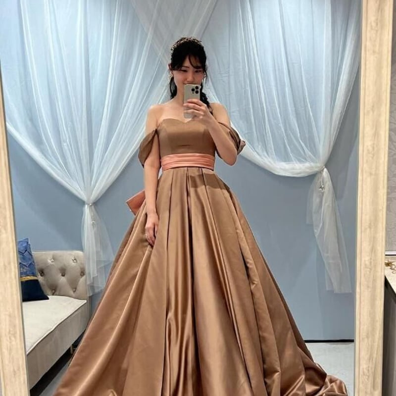 パーティードレス コーヒーの色 フレンチスリーブ ラッフルフリル  