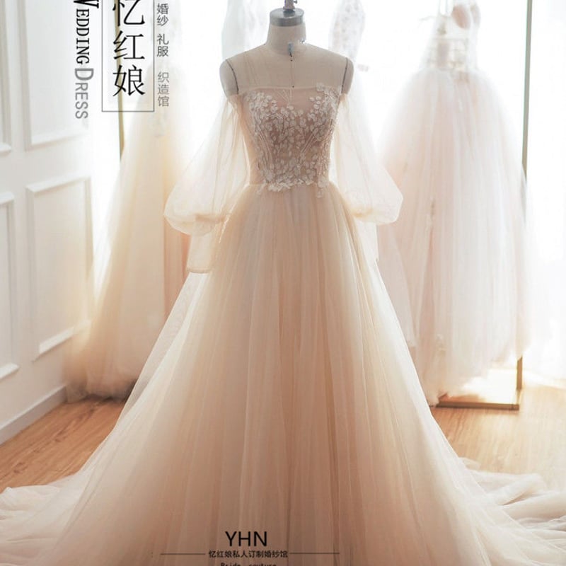 ウエディングドレス シャンパン色 枝花刺繍 上品透け袖 編み上げ 結婚  