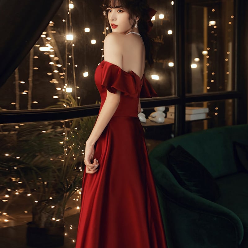 人気上昇 パーティードレス ワインレッド オフショル 編み上げ ロング  