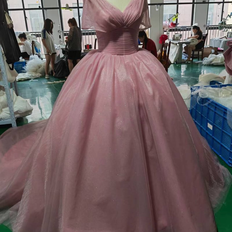 在庫処理！激安！ ドレス オーガンジー ローズピンク ふわふわ袖 V  