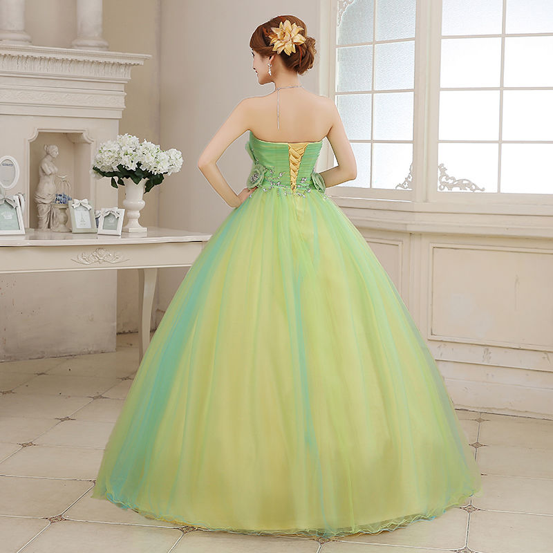 カラードレス 深めな緑 ソフトチュール ベアトップ ビジュー 編み上げ  