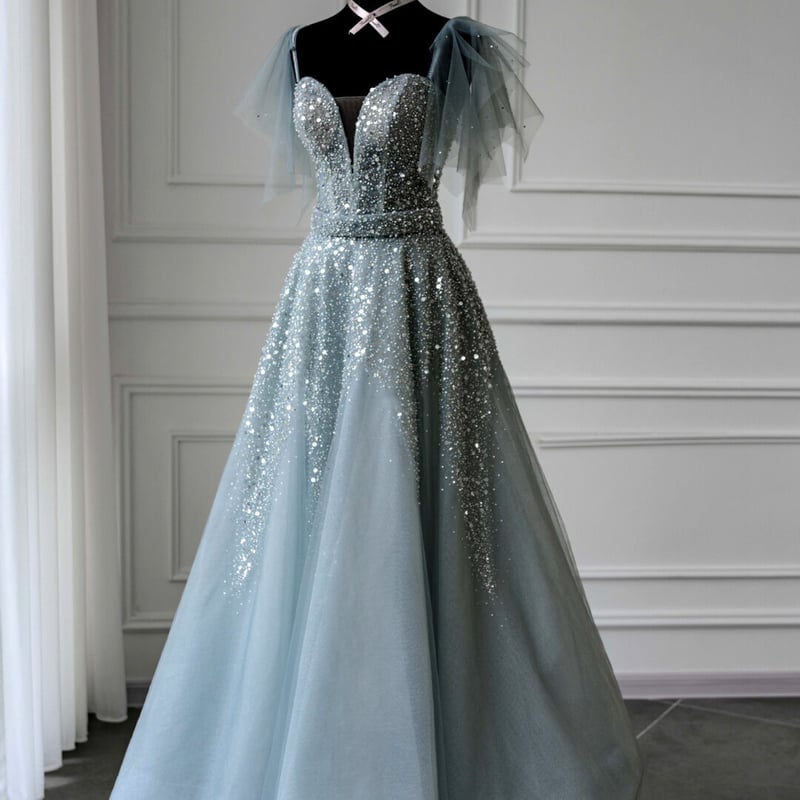 高品質！パーティードレス 薄グレー ボートネック ロング ハンドビー  