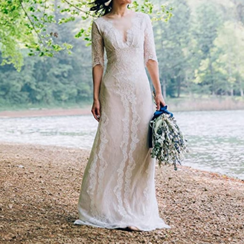 ウエディングドレス 結婚式 二次会ドレス シンプル 長袖 Vネック ウエディングドレス 結婚式 二次会ドレス シンプル 長袖 Vネック