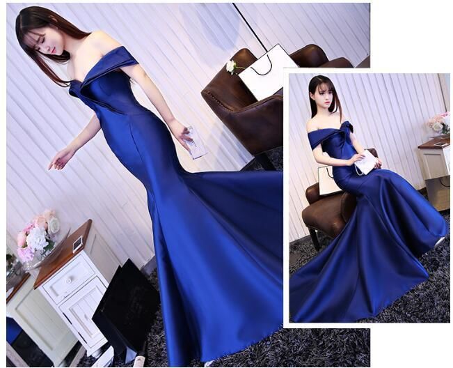 カラードレス 青/ブルー 光沢サテン オフショル マーメイドライン