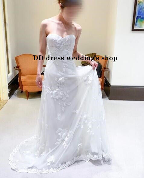 ベアトップ レース ウェディングドレス スレンダーライン 結婚式  