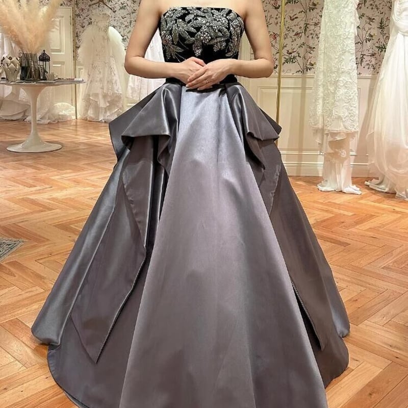 パーティードレス シルバーグ 3D立体レース刺繍 ラッフルフリル ロング